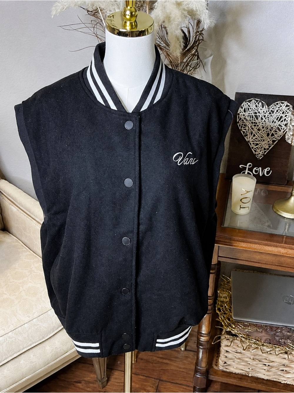 Vans Black Sleeveless Oversized Jacket Vest Skater Collegiate preppy Y2K